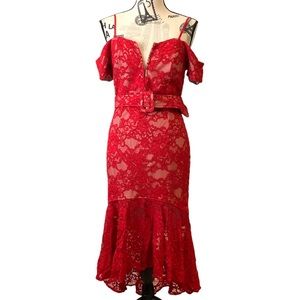 Ina | Medium | Women's Red Belted Off the Shoulder Lace High Low Hem Dress